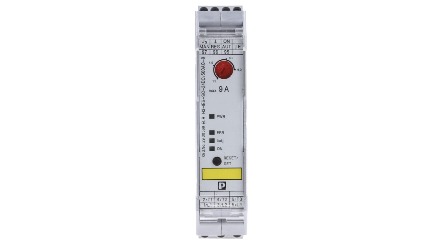 Starter per motore 3 fasi Phoenix Contact 2900569, potenza 4 kW, tensione 24 V c.c., montaggio su guida DIN, dimensioni 106.6 x 22.5 x 113.7 mm.