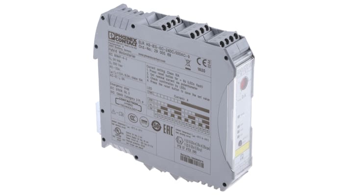 Starter per motore 3 fasi Phoenix Contact 2900569, potenza 4 kW, tensione 24 V c.c., montaggio su guida DIN, dimensioni 106.6 x 22.5 x 113.7 mm.