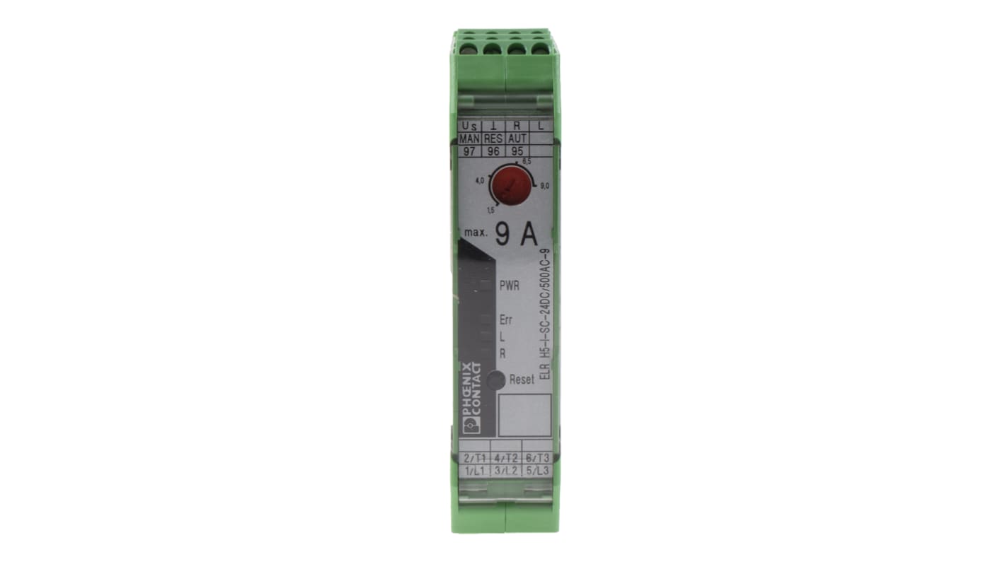 Starter motore Phoenix Contact 2900576, 3 fasi, 4 kW, 24 V c.c., montaggio su guida DIN, dimensioni 106.6 x 22.5 x 113.7 mm.