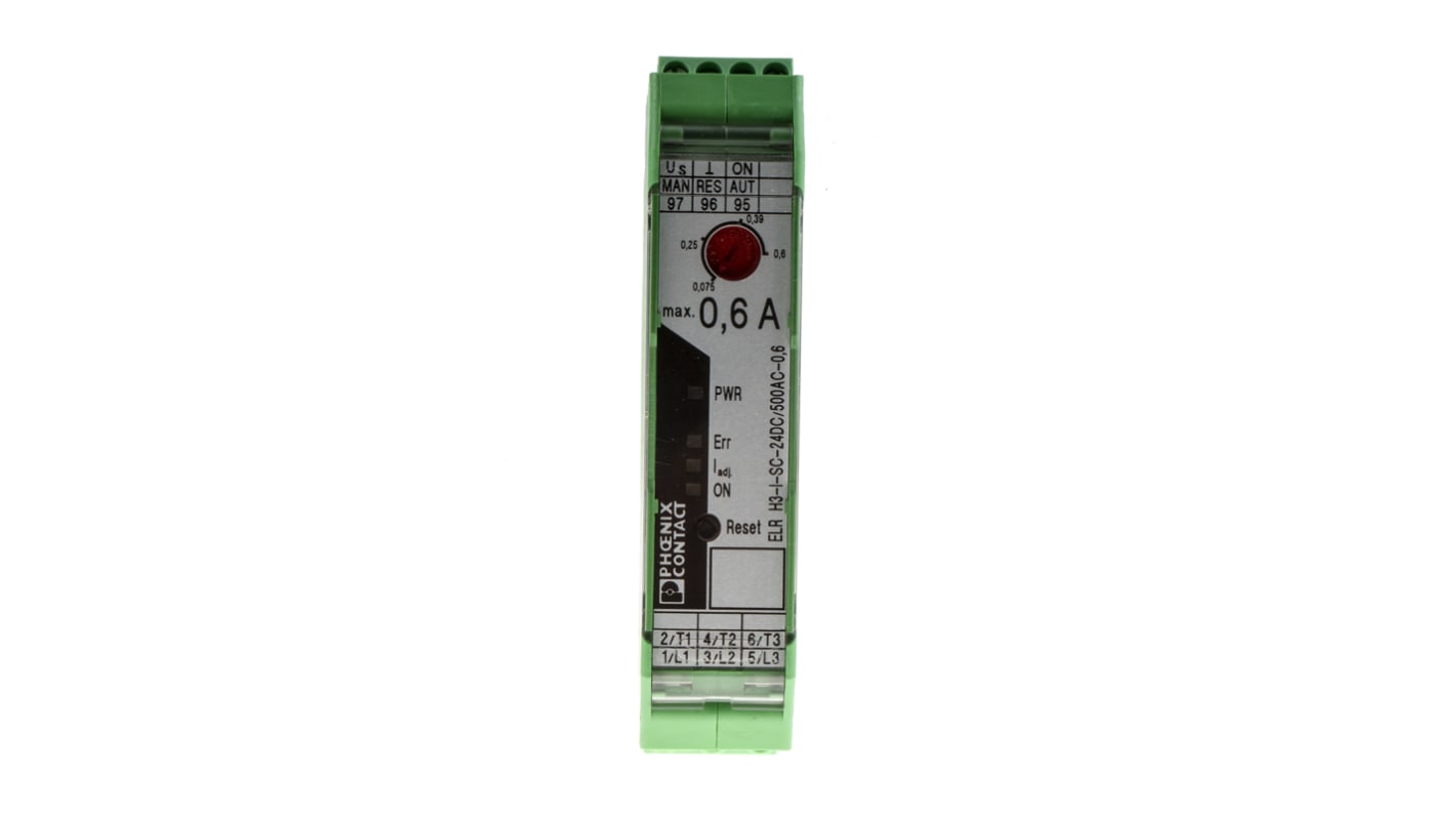 Starter per motore ibrido Phoenix Contact 2900542, potenza 0,18 kW, montaggio su guida DIN, dimensioni 106,6 x 22,5 x 113,7 mm.