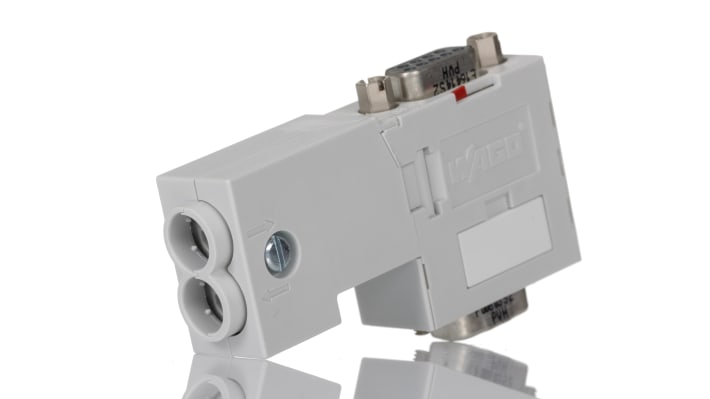 Zoccolo relè Wago 750972 per Profibus, design compatto, alimentazione 5,25 V CC, dimensioni 44,2 x 16,2 x 72,8 mm.