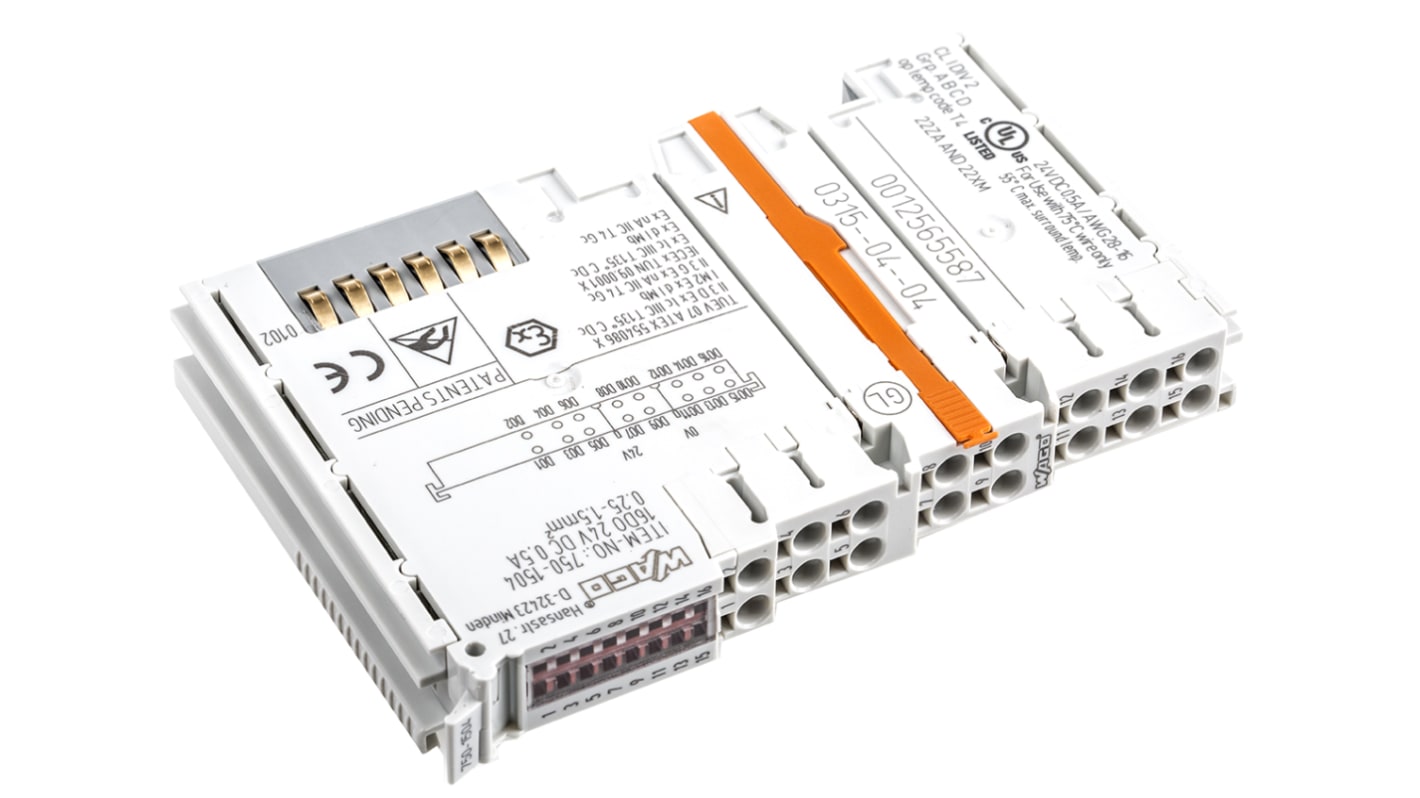 Modulo I/O Wago 750-1504, 16 uscite digitali, alimentazione 24 V c.c., montaggio su guida DIN, dimensioni 69 x 12 x 100 mm.