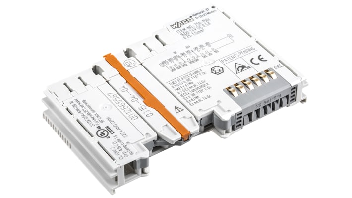 Modulo I/O Wago 750-1504, 16 uscite digitali, alimentazione 24 V c.c., montaggio su guida DIN, dimensioni 69 x 12 x 100 mm.