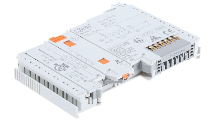 Wago 750-555, modulo I/O PLC Micro 800, 4 uscite analogiche 0-20mA, montaggio su guida DIN, dimensioni 100 x 12 x 64 mm.