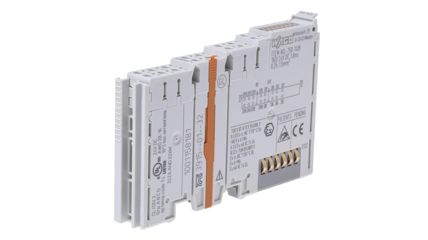 Modulo I/O digitale Wago 750-1405 per sistema 750/753, 16 canali, montaggio su guida DIN, dimensioni 67 x 12 x 100 mm.