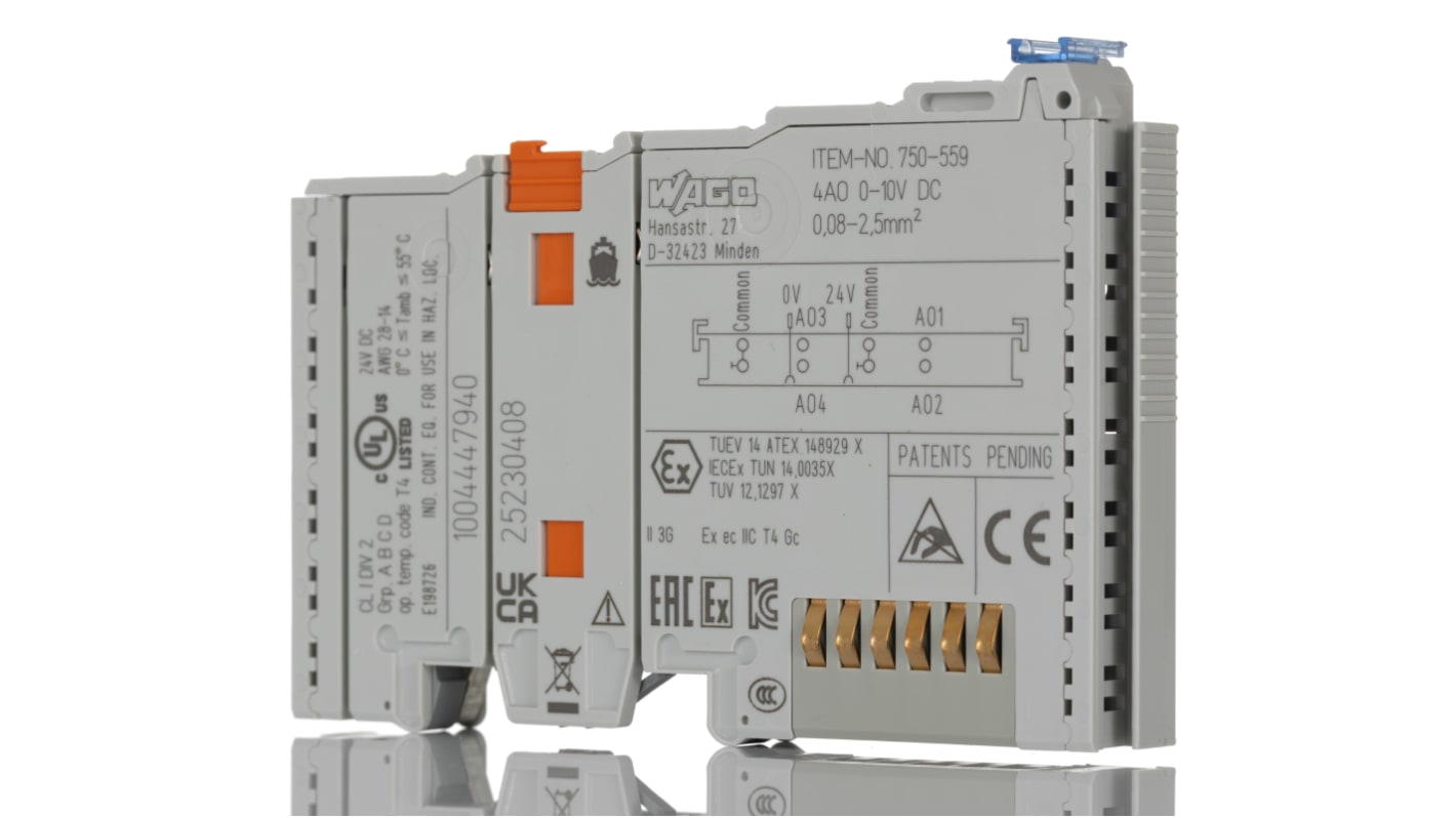 Modulo I/O Wago 750-559 per guida DIN, 4 uscite analogiche, dimensioni 100 x 12 x 64 mm, terminali CAGE CLAMP.