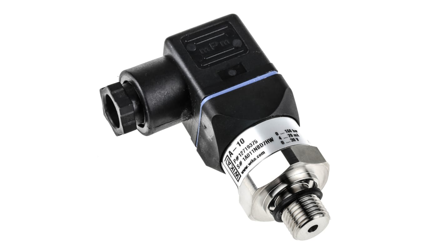 Trasmettitore di pressione WIKA 12719375, 160 bar max, uscita 4-20 mA, struttura in acciaio inox, temperatura operativa 0-80 °C.