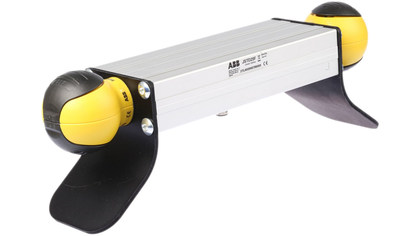 Interruttore di sicurezza a due mani ABB JSTD25, IP65, 2 A, dimensioni 90.5 x 370 x 130 mm, custodia in acciaio nero e giallo.