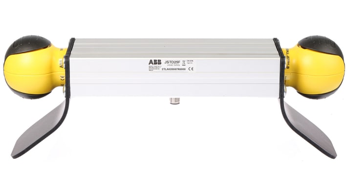 Interruttore di sicurezza a due mani ABB JSTD25, IP65, 2 A, dimensioni 90.5 x 370 x 130 mm, custodia in acciaio nero e giallo.