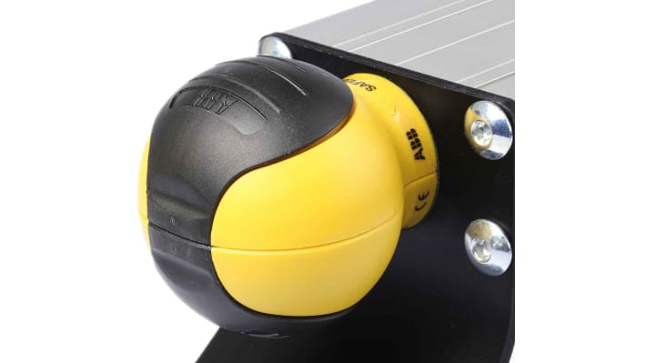 Interruttore di sicurezza a due mani ABB JSTD25, IP65, 2 A, dimensioni 90.5 x 370 x 130 mm, custodia in acciaio nero e giallo.