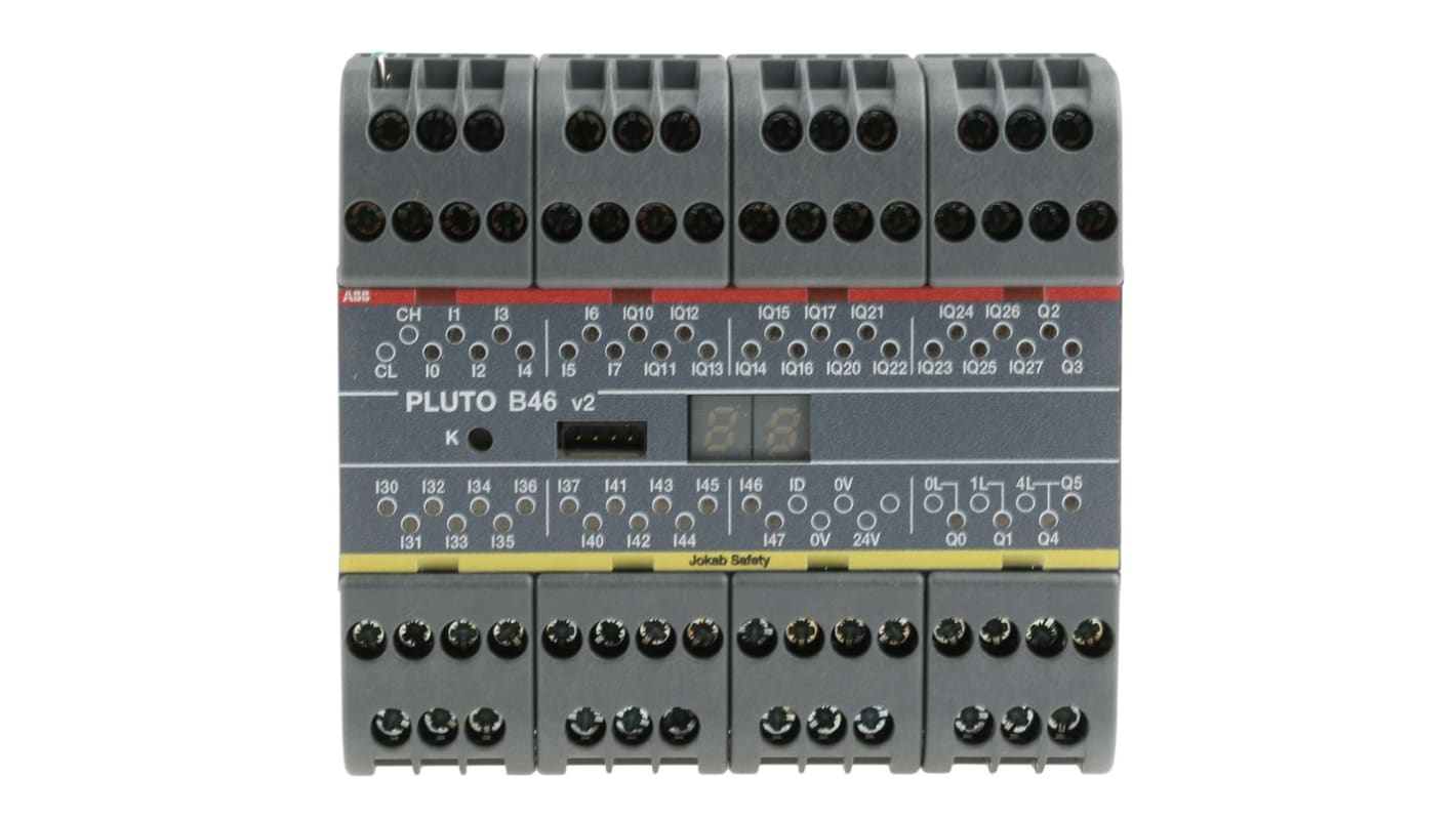 Controller di sicurezza ABB 2TLA020070R1700 Pluto B46 v2, 24 ingressi e 6 uscite, dimensioni 84 x 90 x 118 mm, grado di protezione IP20.