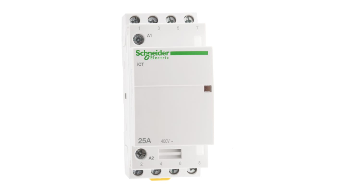 Contattore Schneider Electric A9C24834, 4 poli 4NO, 25 A, 230 V, dimensioni 81 x 36 x 60 mm, grado di protezione IP40.
