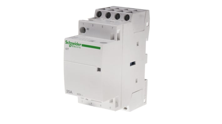Contattore Schneider Electric A9C24834, 4 poli 4NO, 25 A, 230 V, dimensioni 81 x 36 x 60 mm, grado di protezione IP40.