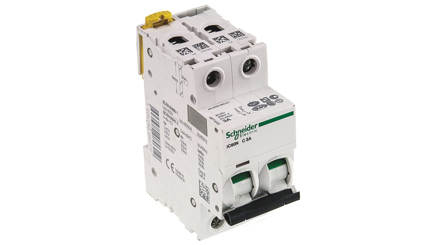 Interruttore magnetotermico bipolare Schneider Electric A9F74203, 2P 3A 6 kA, Tipo C per protezione efficace in impianti industriali.