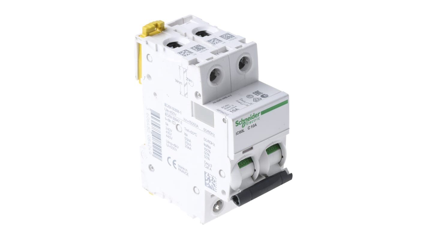 Interruttore magnetotermico Schneider Electric A9F94210, 2P 10A 10 kA, Tipo C. Protezione affidabile contro sovraccarichi e cortocircuiti per ambienti industriali e commerciali. Conforme a normative IEC/EN 60898 e 60947-2.
