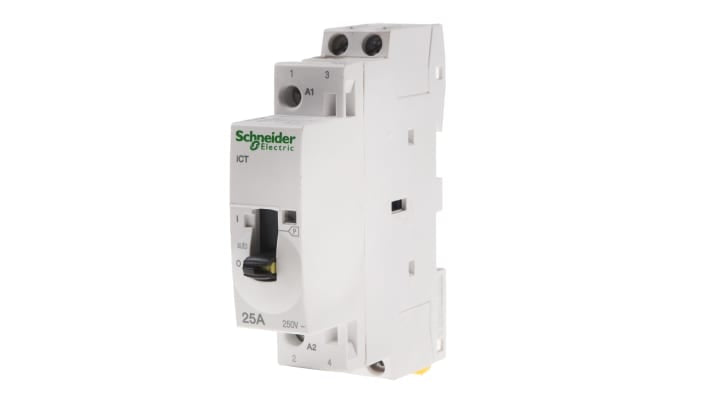 Contattore Schneider Electric A9C25732, 2 poli, 2 NO, 25 A, montaggio su guida DIN, dimensioni 81x18x60 mm.