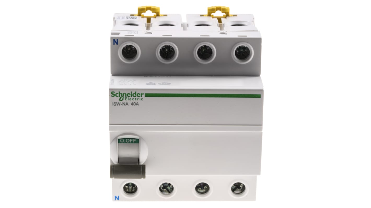 Interruttore di isolamento Schneider Electric A9S70740, 3P+N, 40A, 415V, per controllo circuiti sotto carico, dimensioni 85mm x 72mm x 74mm.