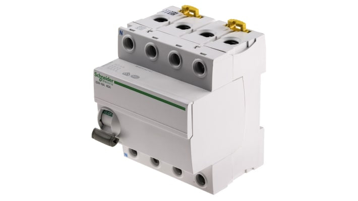 Interruttore di isolamento Schneider Electric A9S70740, 3P+N, 40A, 415V, per controllo circuiti sotto carico, dimensioni 85mm x 72mm x 74mm.