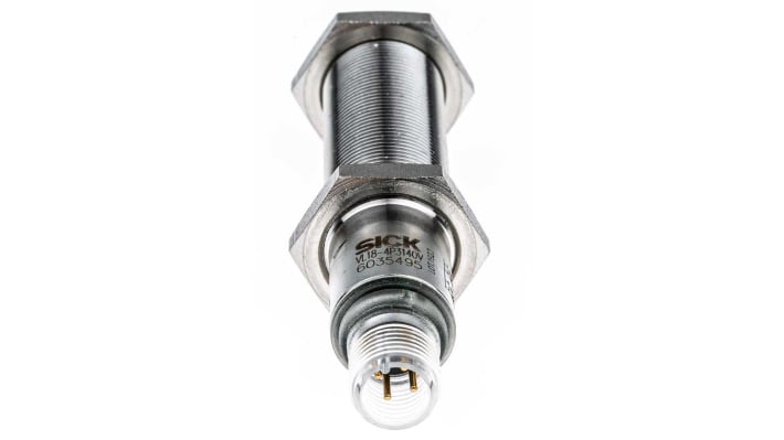 Sensore fotoelettrico cilindrico a retroriflessione Sick VL18-4P3140V, rilevamento da 100 mm a 5 m, custodia in acciaio inox, IP69K.