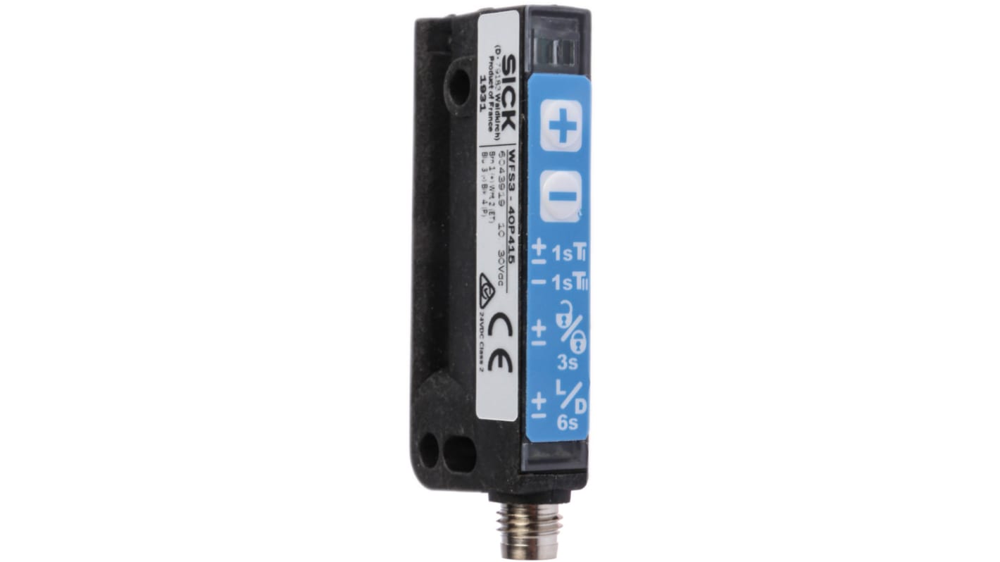 Sensore a forcella Sick WFS3-40P415 per etichette, rilevamento a 3 mm, con uscita PNP e connettore M8.