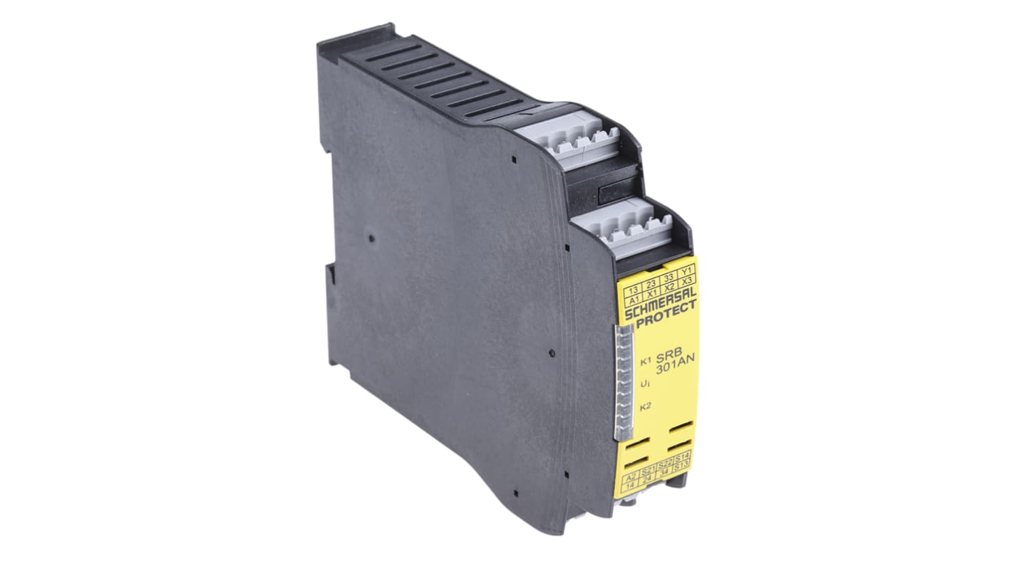 Relè di sicurezza Schmersal SRB301AN, 24V, 4 contatti, guida DIN, dimensioni 100x22,5x121mm, categoria di sicurezza 4.