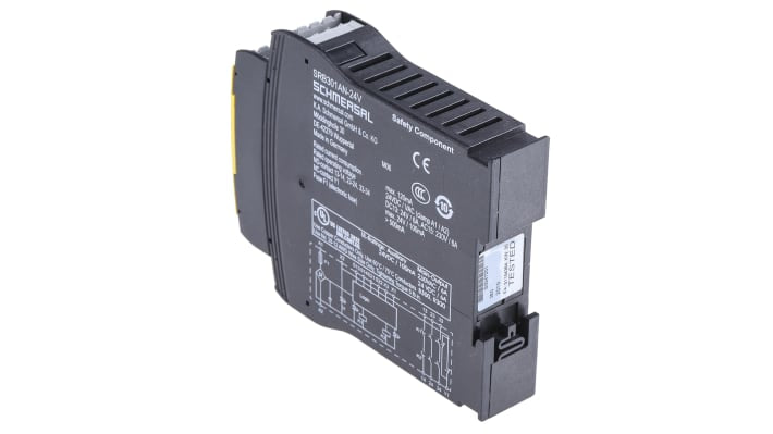 Relè di sicurezza Schmersal SRB301AN, 24V, 4 contatti, guida DIN, dimensioni 100x22,5x121mm, categoria di sicurezza 4.