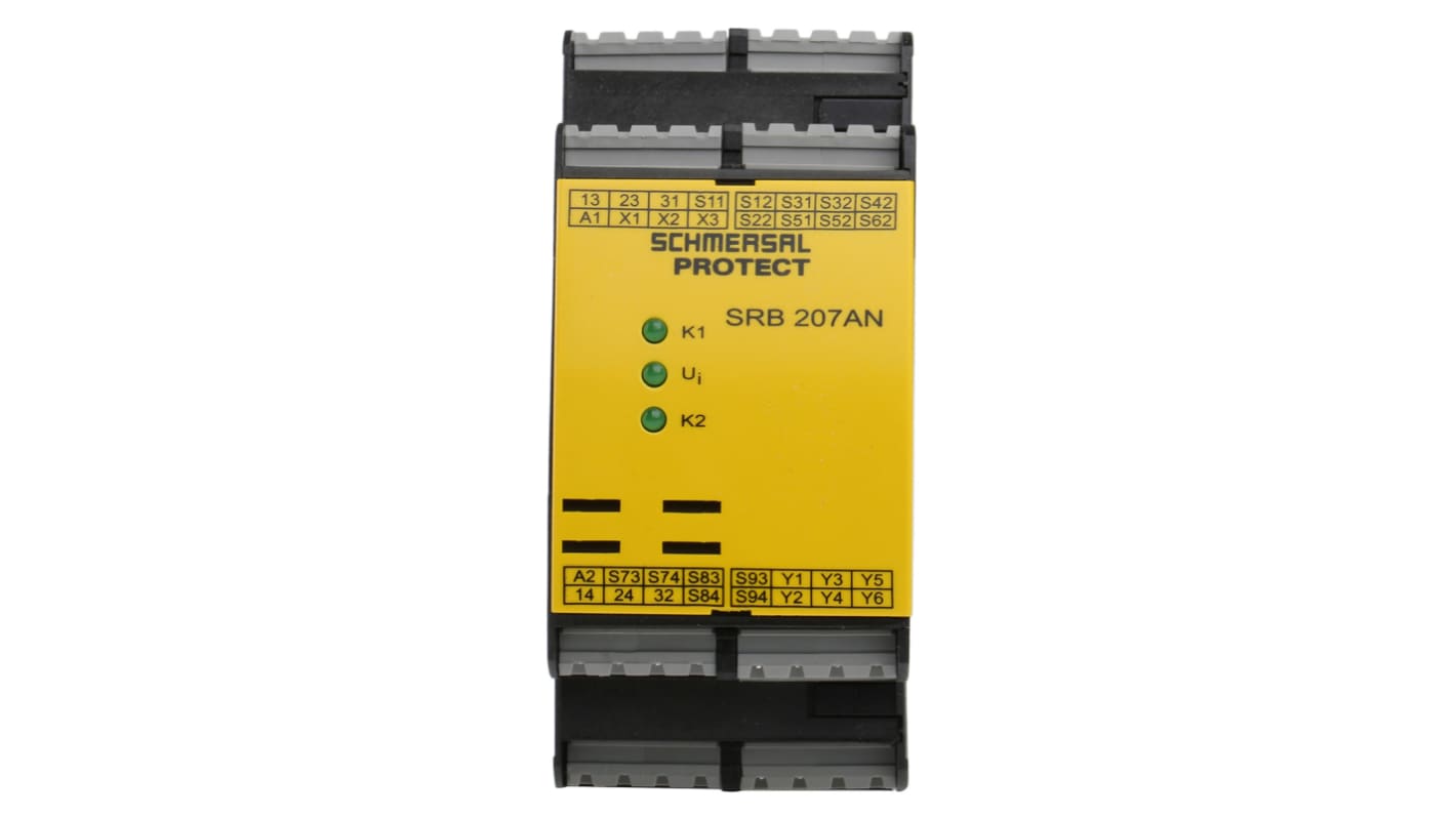 Relè di sicurezza Schmersal SRB207AN, 24V, 2 contatti di sicurezza, montaggio su guida DIN, dimensioni 100x45x121 mm.