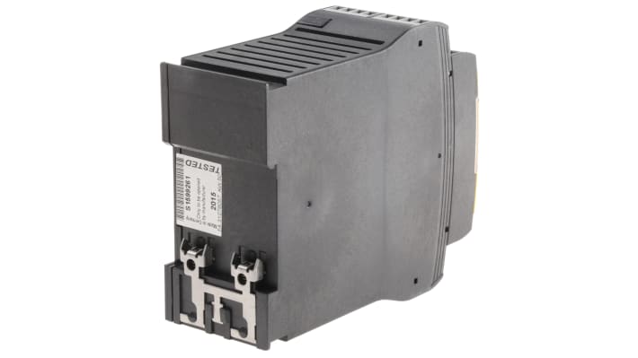 Schmersal SRB302X3-24VAC/DC-230VAC, relè di sicurezza a doppio canale, montaggio su guida DIN, dimensioni 100 x 45 x 121 mm.