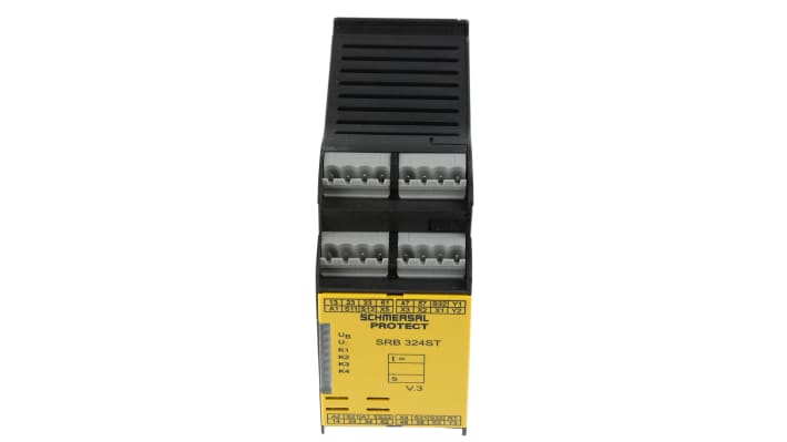 Relè di sicurezza Schmersal SRB324ST 24V, 1-2 canali, 5 contatti di sicurezza, montaggio su guida DIN, dimensioni 100x45x121 mm.