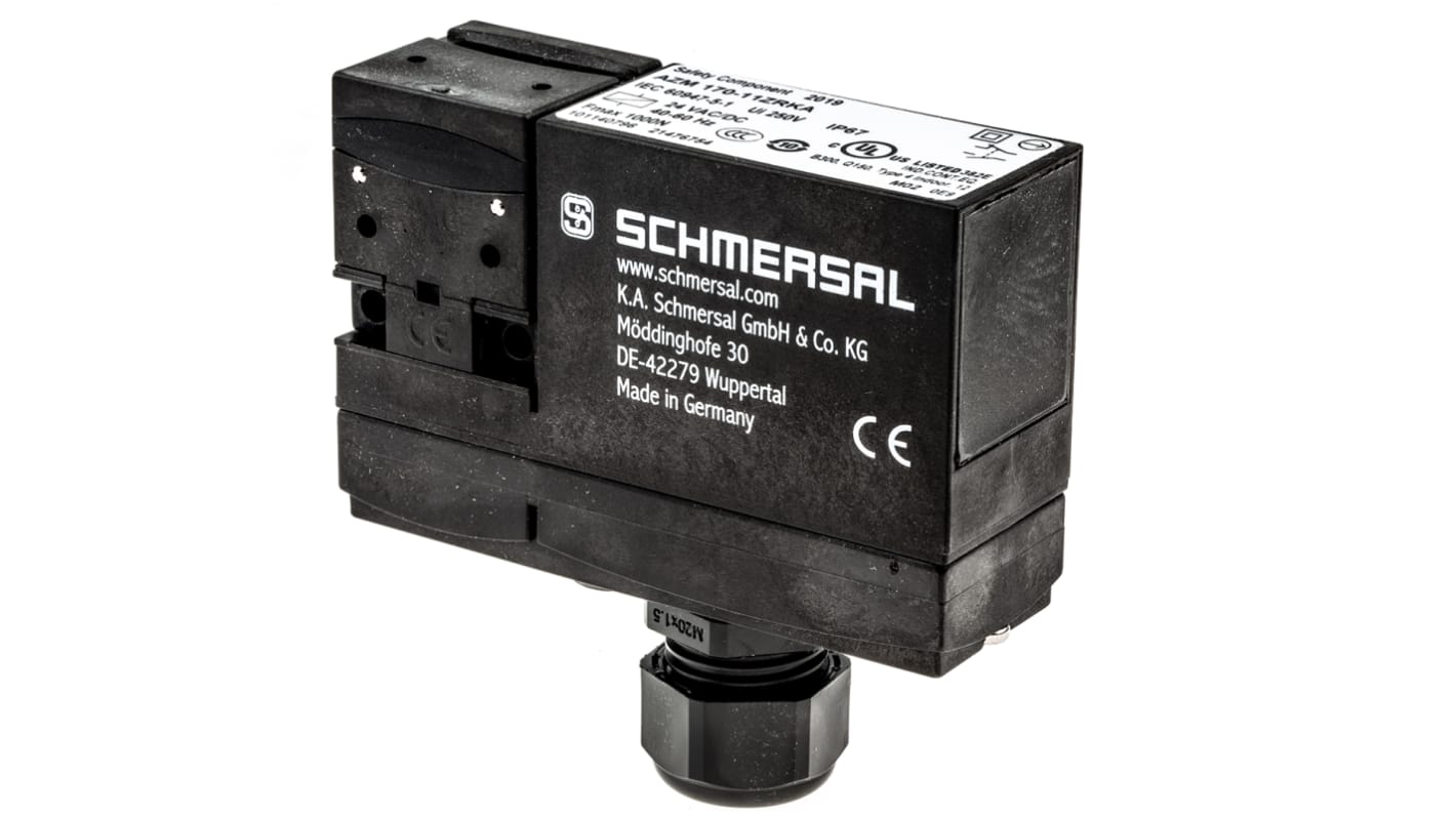 Interruttore di interblocco a solenoide Schmersal AZM 170-11ZRKA, 24V, IP67, dimensioni 30x90x84mm, funzione Power to Lock.