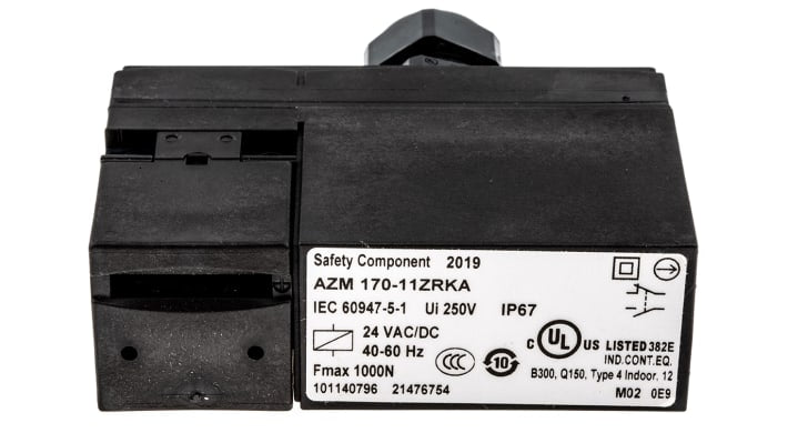 Interruttore di interblocco a solenoide Schmersal AZM 170-11ZRKA, 24V, IP67, dimensioni 30x90x84mm, funzione Power to Lock.