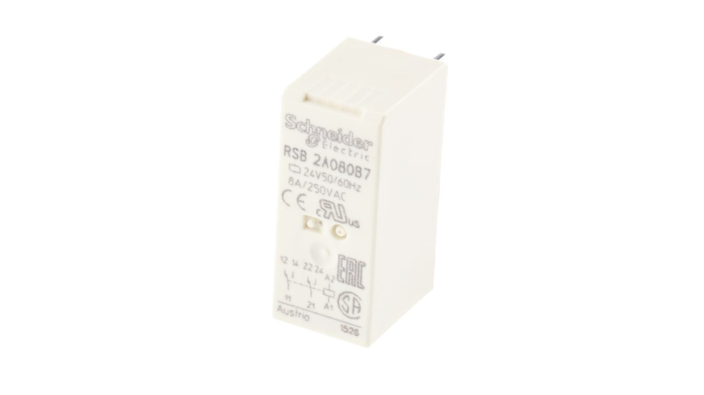 Relè di potenza Schneider Electric RSB2A080B7, DPDT, 24V ca, contatti in argento, IP40, -40 °C a 70 °C, approvazioni UL/CSA.