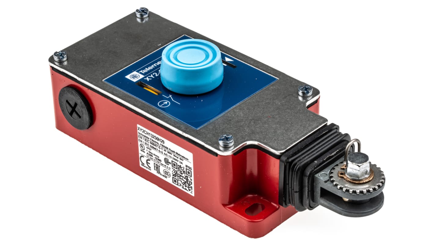 Interruttore a fune Telemecanique Sensors XY2CH13250H29, montaggio diritto, 1NO/1NC, cavo 15m, IP65, dimensioni 68 x 201 x 95mm.