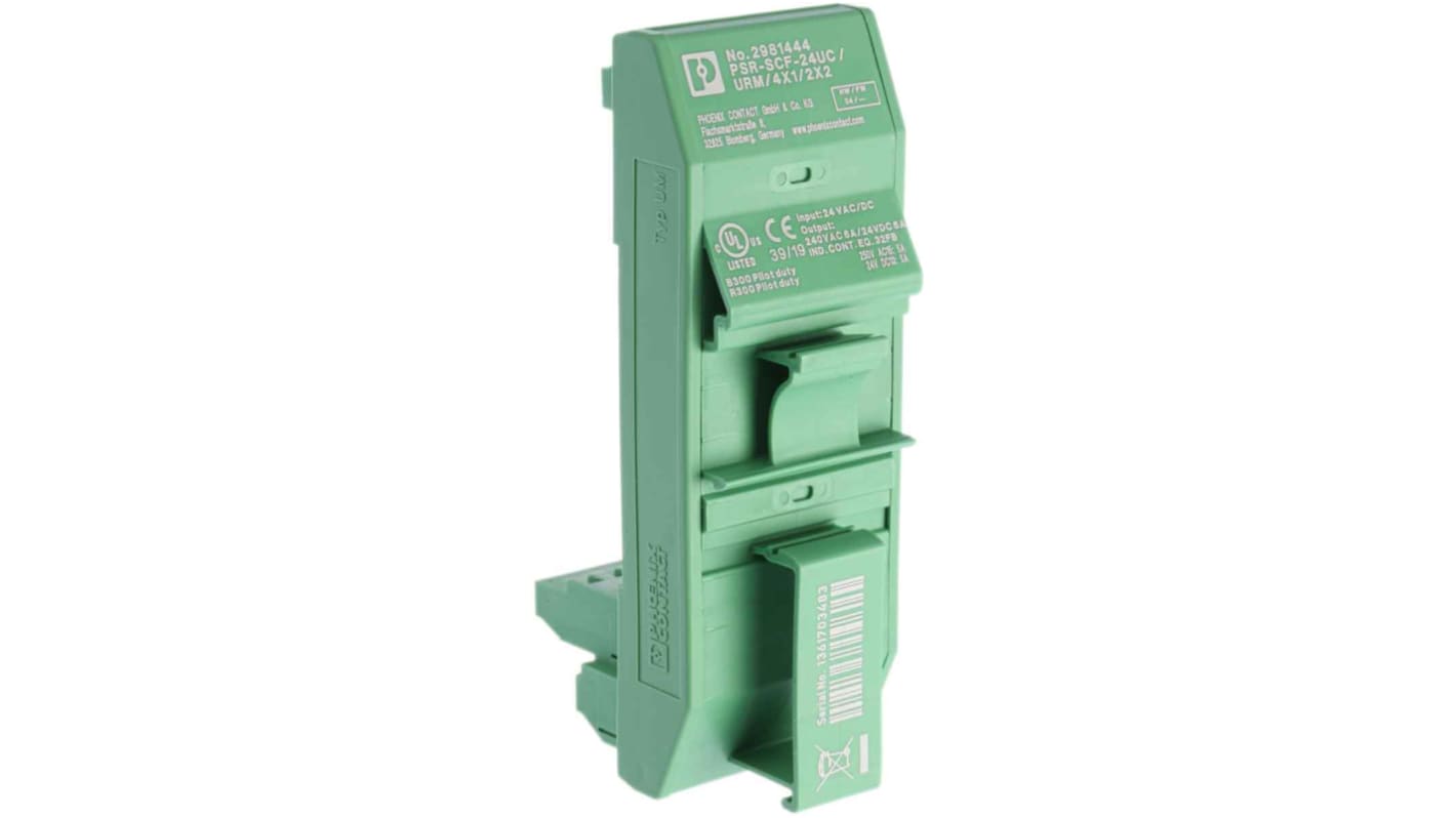 Relè guidato da forza Phoenix Contact PSR-SCF-24UC/URM/4X1/2X2 - 2981444. Dimensioni 40 x 111 x 56 mm, 250V AC/DC, contatti in lega d'argento per ambienti umidi. Ideale per sistemi di sicurezza.
