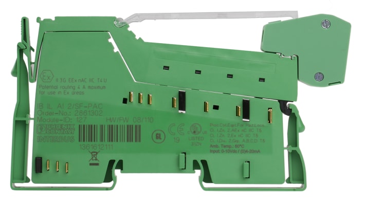 Modulo di espansione Phoenix Contact 2861302, serie IB IL AI 2/SF-PAC, per segnali analogici, 2 ingressi, 0-20 mA, 4-20 mA, 0-10 V, dimensioni 136,8 x 12,2 x 71,5 mm.