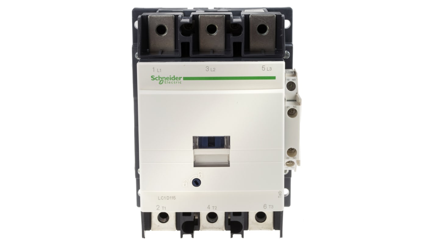Contattore Schneider Electric LC1D1156E7, 3 poli, 3 NA, 115 A, bobina 48 V ac, montaggio su guida DIN, dimensioni 120 x 158 x 136 mm.