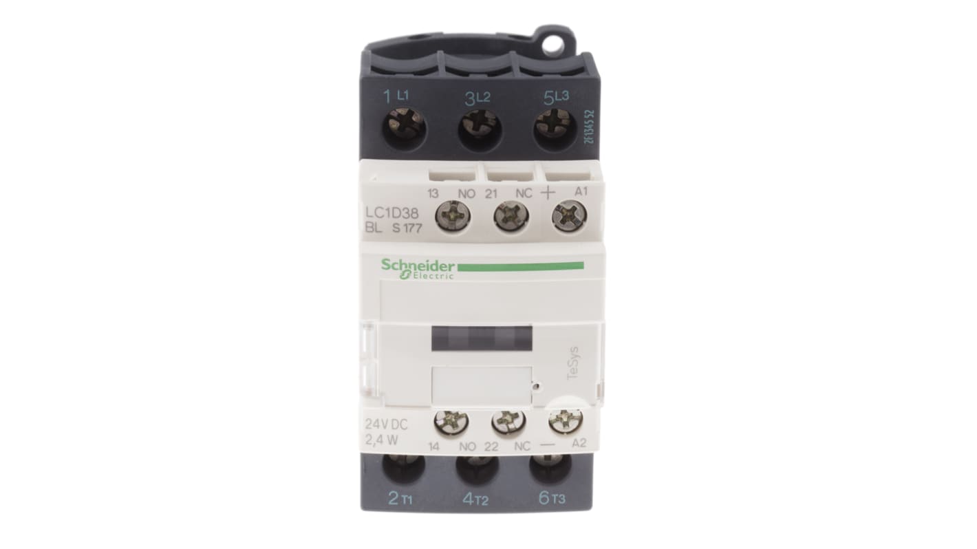 Contattore Schneider Electric LC1D38BLS177, 3 poli, 38 A, bobina 24 V dc, dimensioni 85x45x101 mm, terminale a vite.