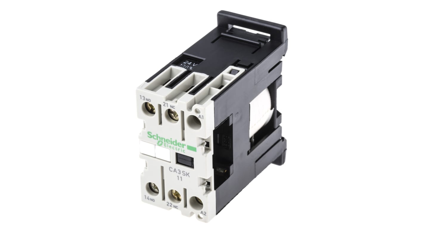 Contattore Schneider Electric CA3SK11BD, 1 NO + 1 NC, 10 A, montaggio su guida DIN, dimensioni 56x27x55.5 mm.