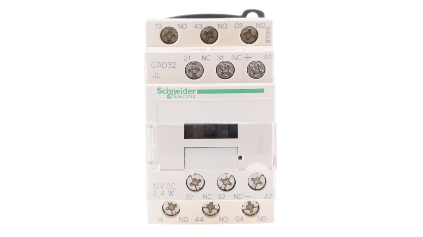 Contattore Schneider Electric CAD32JL, 2 NO + 2 NC, 10 A, dimensioni 45x77x95 mm, grado di protezione IP2x.
