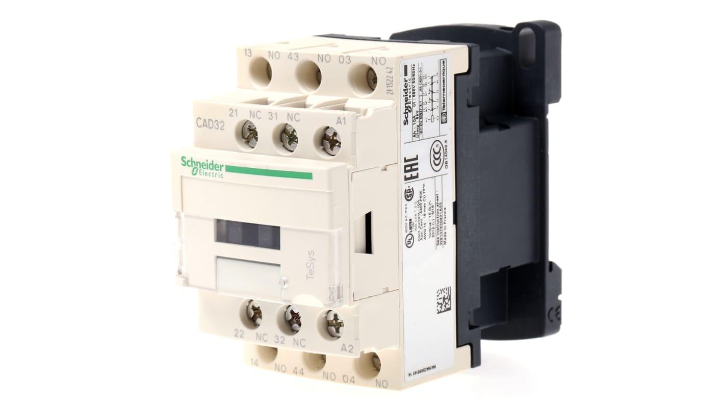 Contattore Schneider Electric CAD32U7, 2 NO + 2 NC, 10 A, 690 V c.a., dimensioni 45x77x86 mm, montaggio a vite.