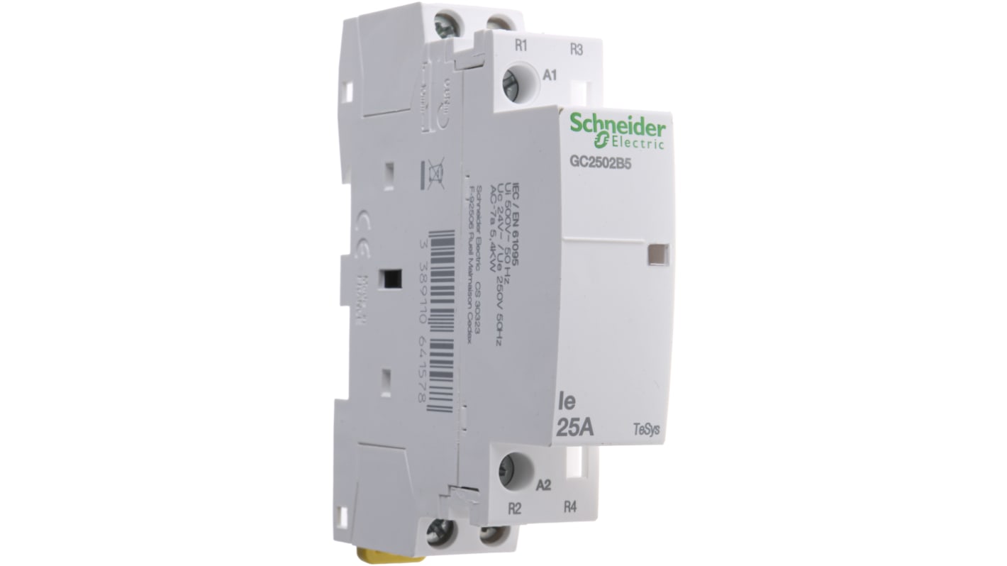 Contattore Schneider Electric GC2502B5, 2 poli 2NC, 25 A, bobina 24 V c.a., montaggio su guida DIN, dimensioni 81x17.5x65 mm.