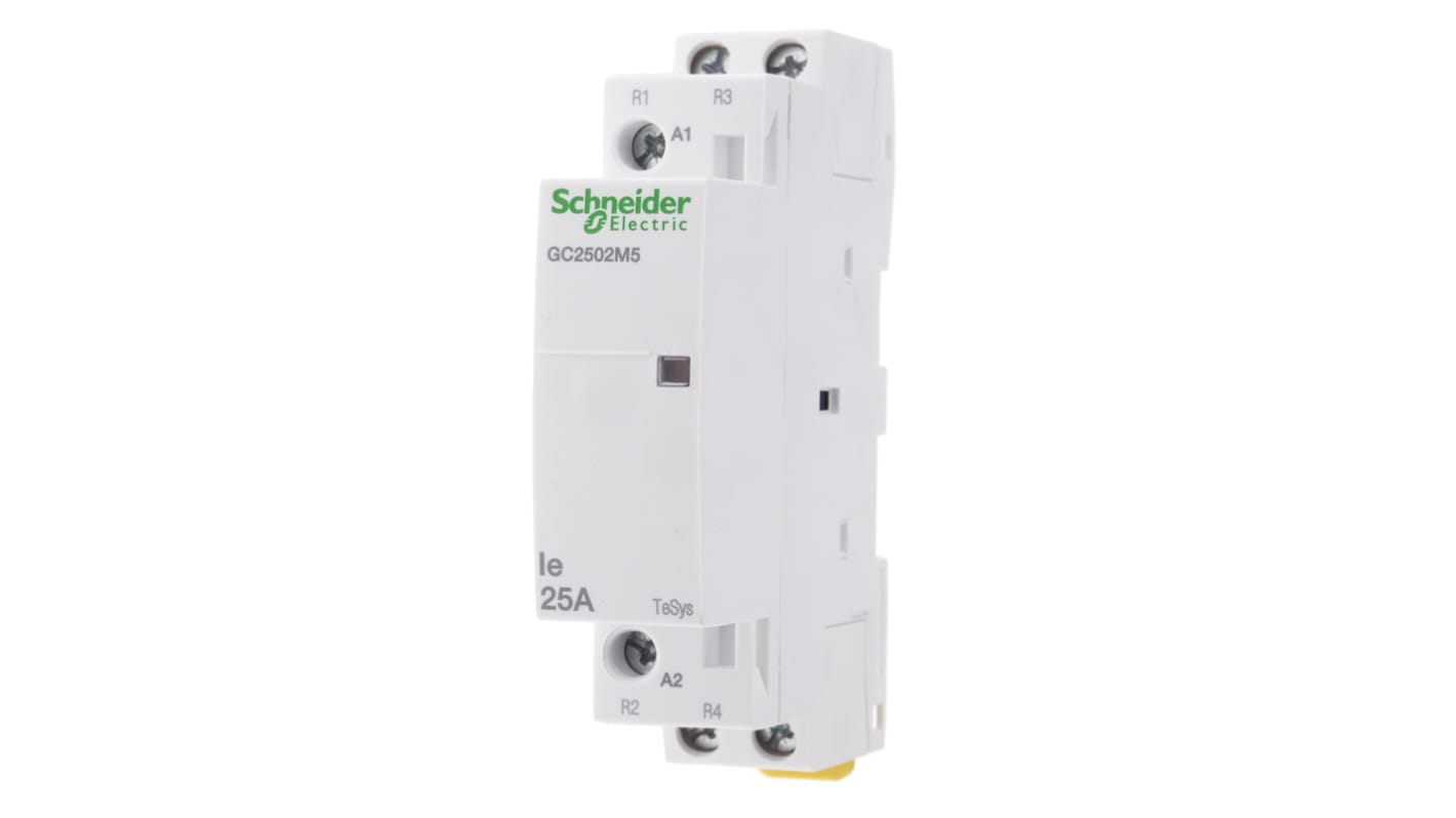 Contattore Schneider Electric GC2502M5, 2 poli, 25 A, bobina 230 V, montaggio su guida DIN, dimensioni 81x17.5x65 mm.