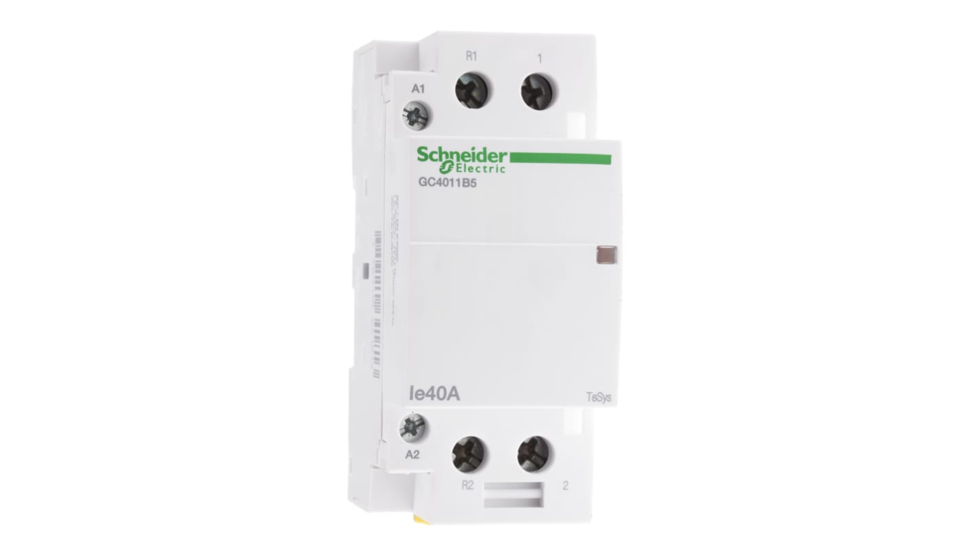 Contattore Schneider Electric GC4011B5, 2 poli, 1 NO + 1 NC, 40 A, bobina 24 V c.a., montaggio su guida DIN, dimensioni 35x81x65 mm.