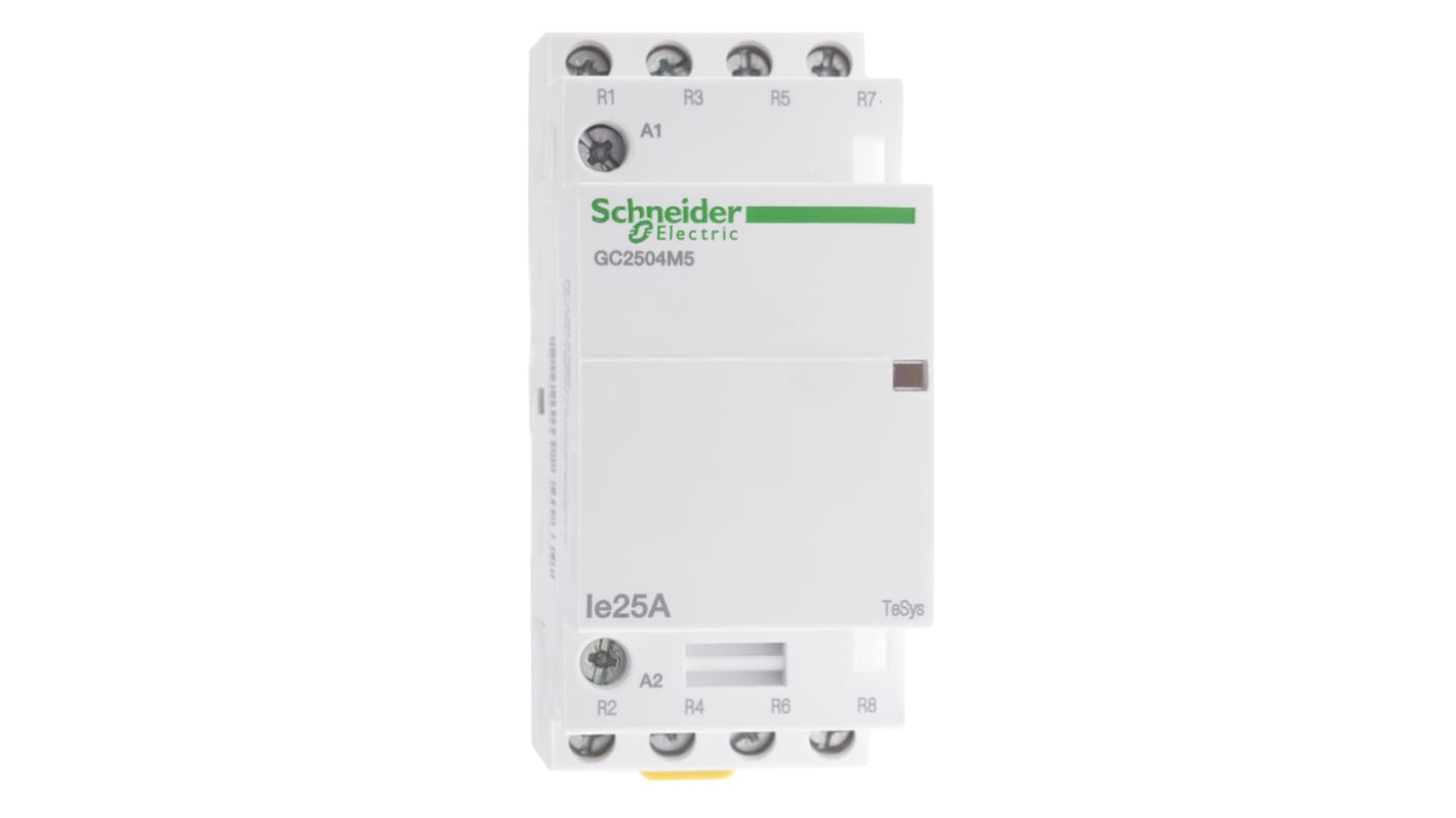 Contattore 4 poli Schneider Electric GC2504M5, 25 A, bobina 230 V, montaggio su guida DIN, dimensioni 81x35x65 mm.