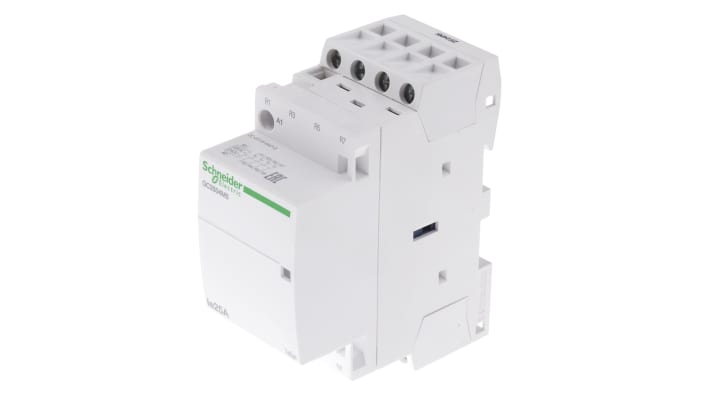 Contattore 4 poli Schneider Electric GC2504M5, 25 A, bobina 230 V, montaggio su guida DIN, dimensioni 81x35x65 mm.