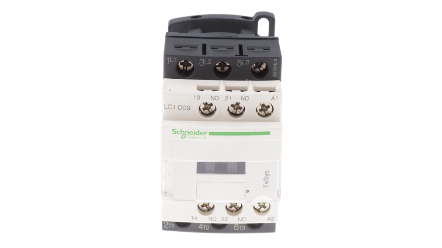 Contattore Schneider Electric LC1D09G7, 3 poli, 9 A, bobina 110 V c.a., dimensioni 45x77x86 mm, terminale a vite.