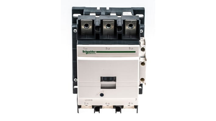 Contattore Schneider Electric LC1D1156F7, 3 poli, 115 A, bobina 110 V c.a., montaggio su guida DIN, dimensioni 158 x 120 x 136 mm.