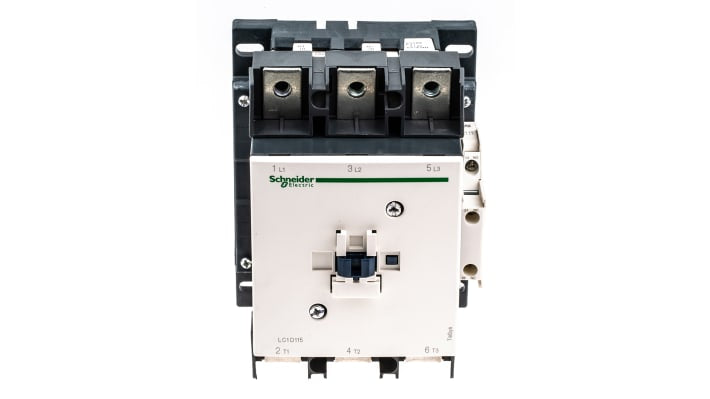 Contattore Schneider Electric LC1D1156F7, 3 poli, 115 A, bobina 110 V c.a., montaggio su guida DIN, dimensioni 158 x 120 x 136 mm.
