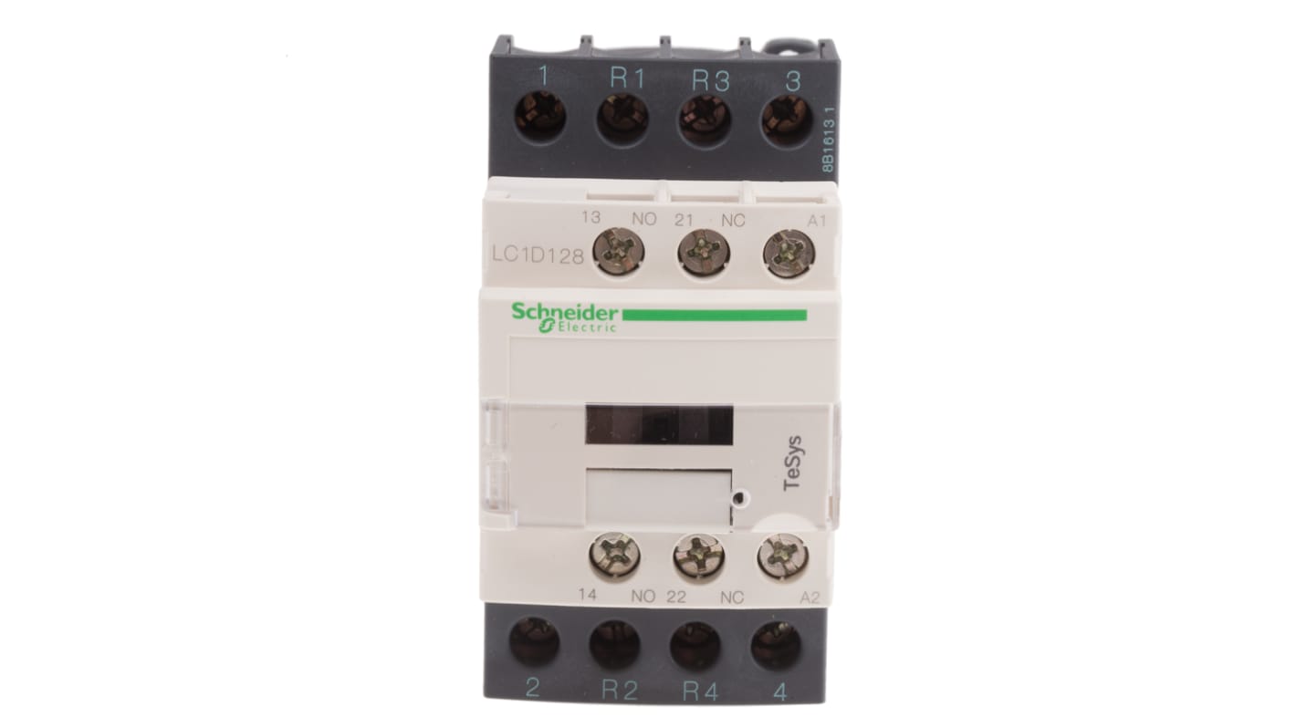 Contattore Schneider Electric LC1D128D7, 4 poli, 25 A, montaggio a pannello, dimensioni 85x45x92 mm, grado di protezione IP20.