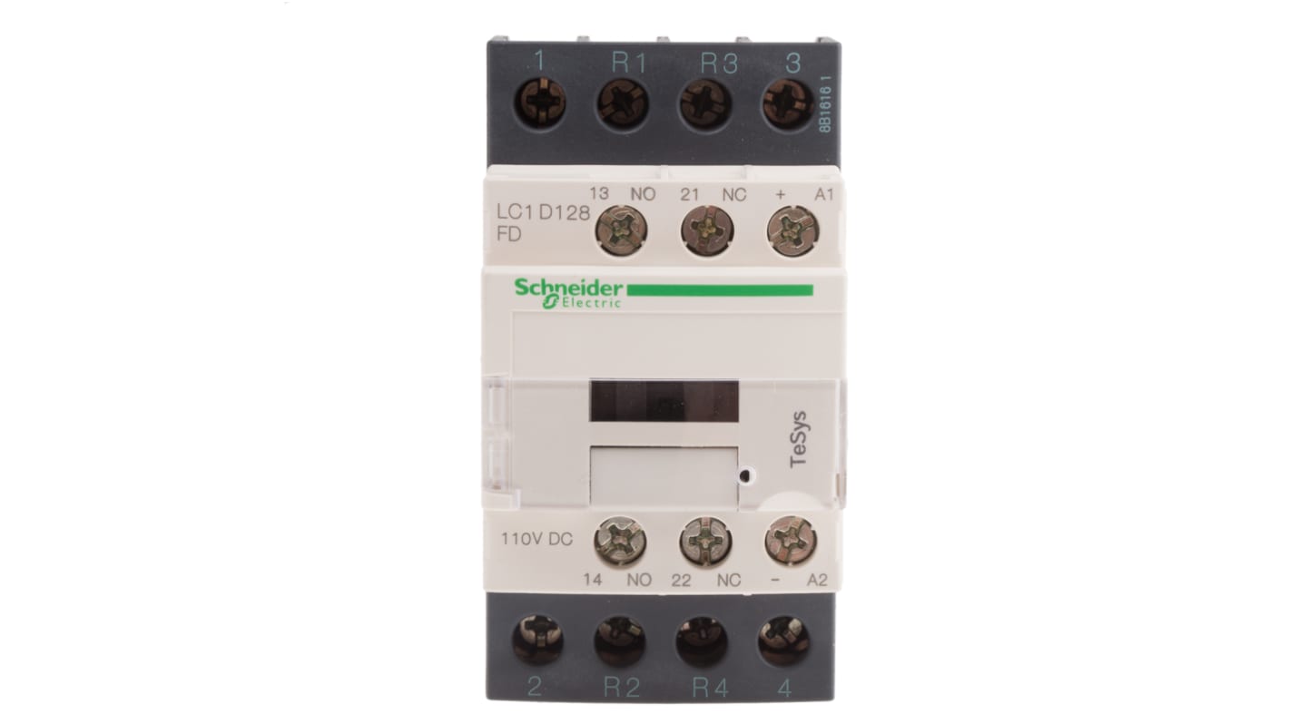 Contattore Schneider Electric LC1D128FD, 4 poli, 25 A, montaggio a pannello, dimensioni 85x45x99 mm, grado di protezione IP20.